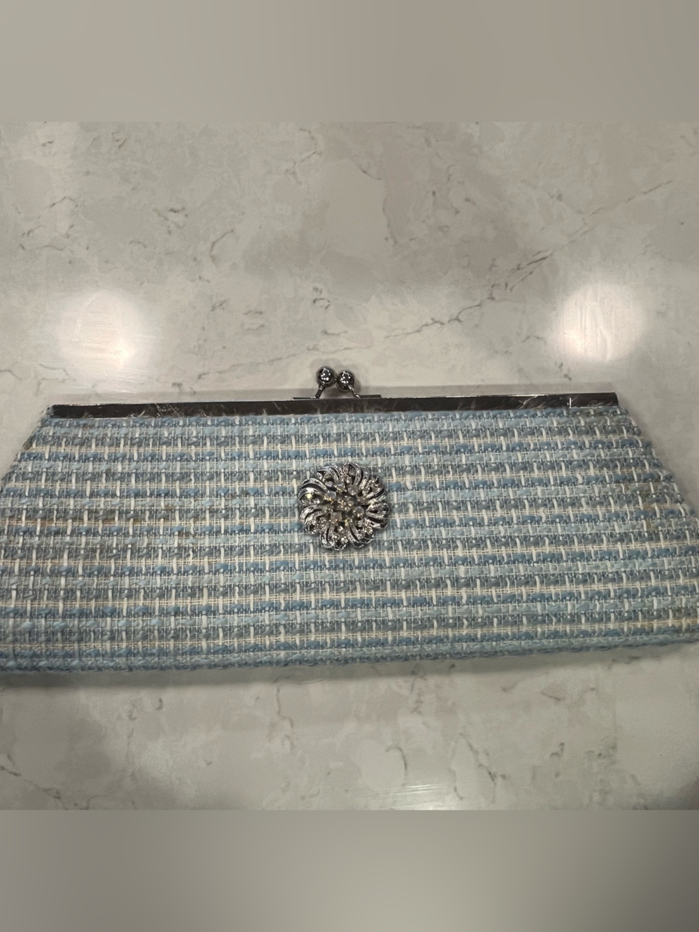 Vintage Putu by J. Maclean Light Blue Tweed Clutch with Decorative Brooch